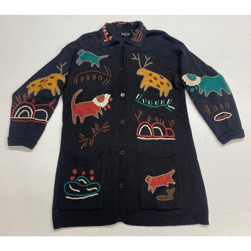 VTG Women Rafia animal kingdom knit stitched cotton graphic button sweater M